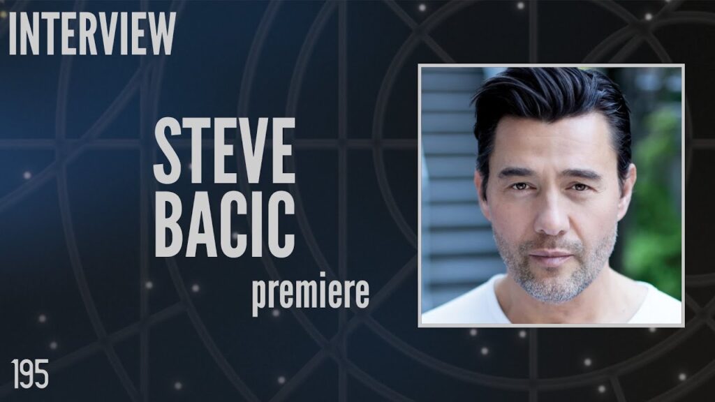 Promotional image featuring text "Interview," "Steve Bacic," and "premiere" with a photo of a man, set against a dark background with geometric patterns.