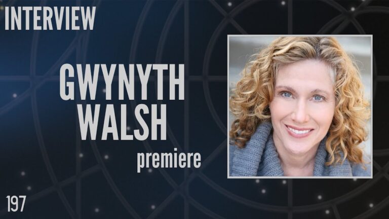 Image of a promotional graphic featuring a headshot of a woman with curly hair and the text "Interview, Gwynyth Walsh, premiere" on a dark starry background.