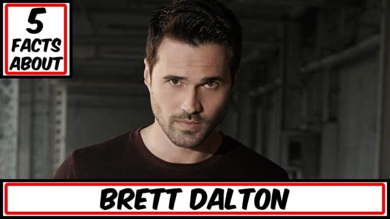 A person with dark hair and a beard is in a dimly lit room. Text reads, "5 Facts About Brett Dalton.