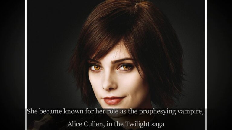 A person with short brown hair and light eyes, with neutral expression, against a dark background. Text overlay mentions the Twilight saga and a character named Alice Cullen.