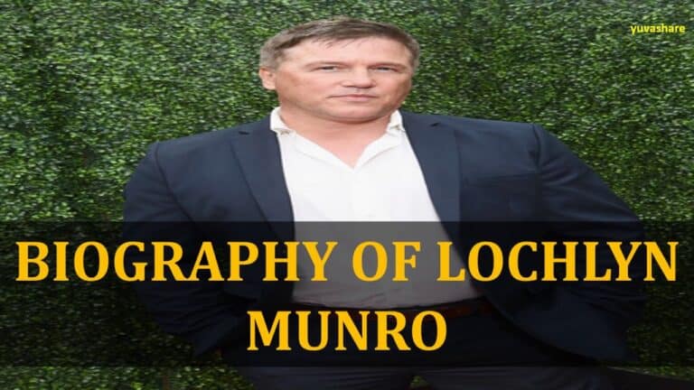 A man in a suit stands in front of a leafy backdrop, with the text "Biography of Lochlyn Munro" overlaid.