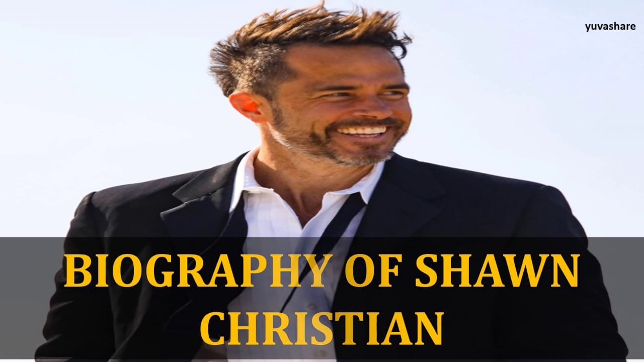 A person smiling, wearing a black jacket over a white shirt. The text reads, "Biography of Shawn Christian" on an overlay.