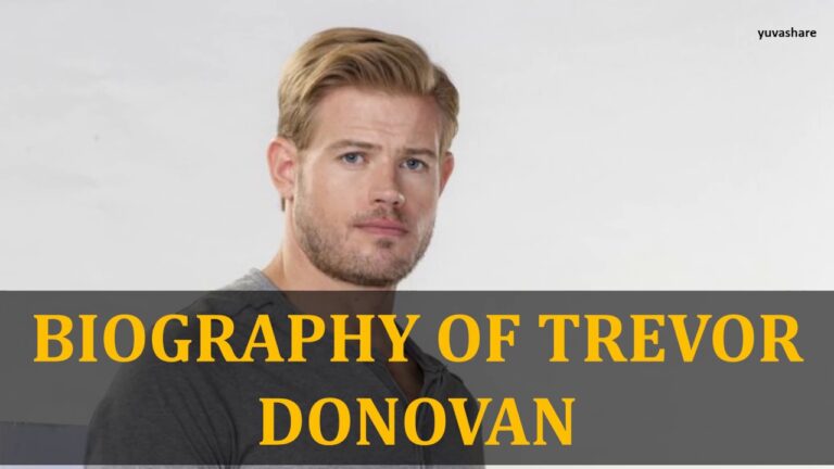 Man with light hair and beard in a gray shirt, standing against a white background. Text overlay reads "Biography of Trevor Donovan.