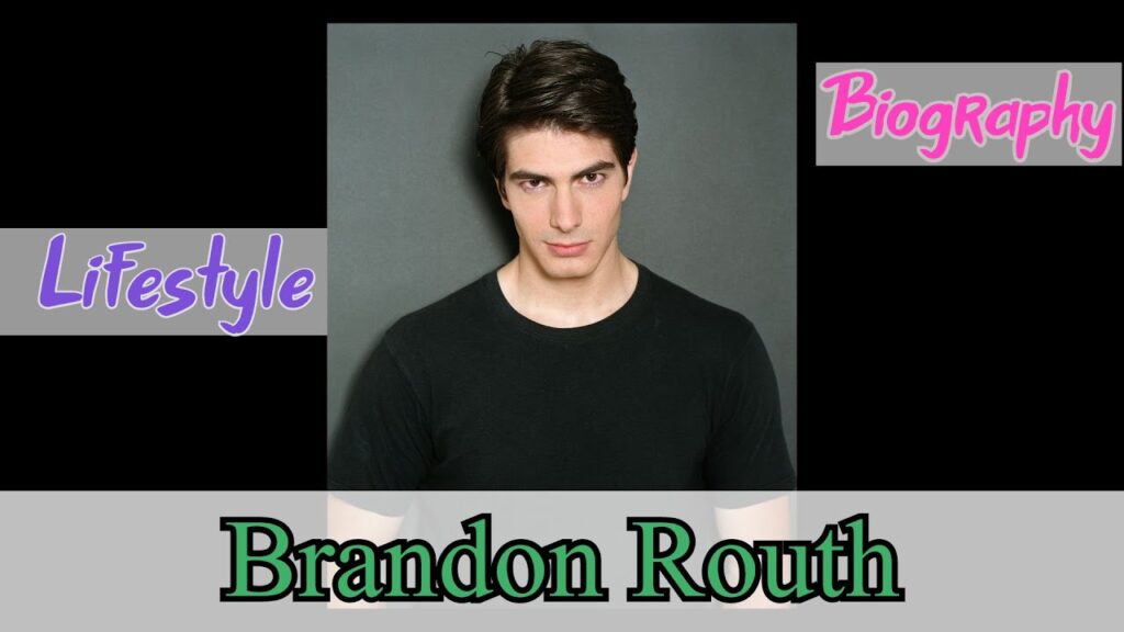 A person with dark hair wearing a black shirt is centered against a gray background, surrounded by text reading "Lifestyle," "Biography," and "Brandon Routh.