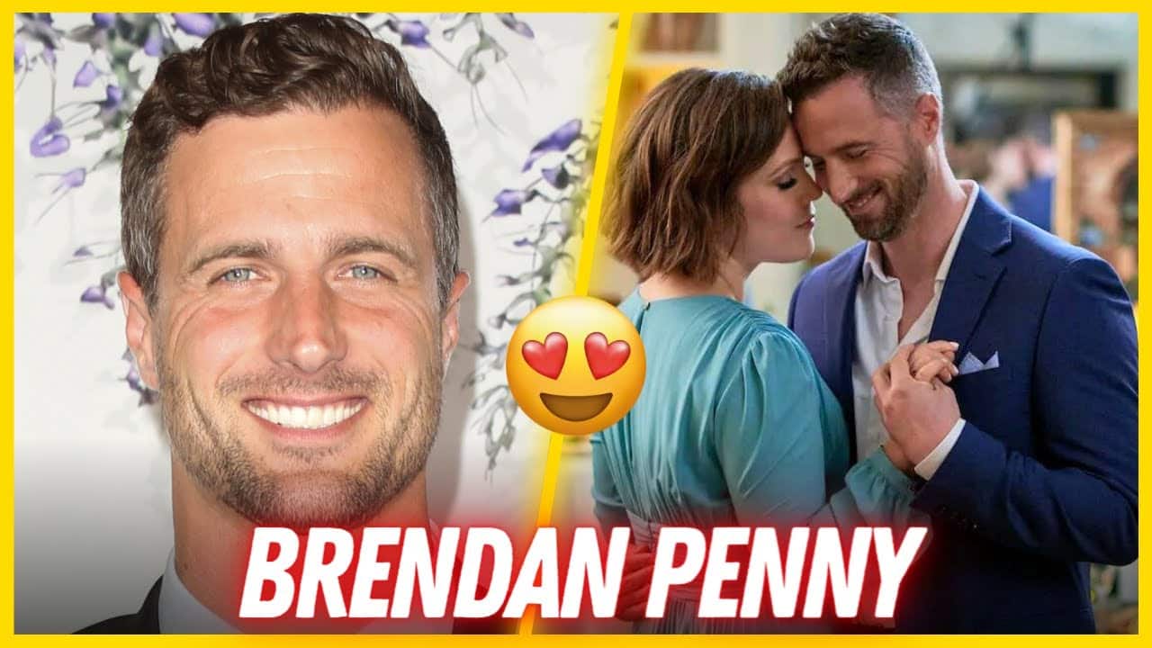 A close-up of a smiling man on the left and a scene of him dancing with a woman on the right, with a heart-eye emoji in the center. Text: "BRENDAN PENNY.