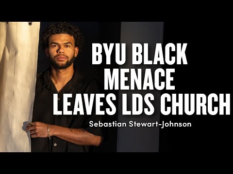 A man stands beside text reading: "BYU Black Menace Leaves LDS Church, Sebastian Stewart-Johnson.