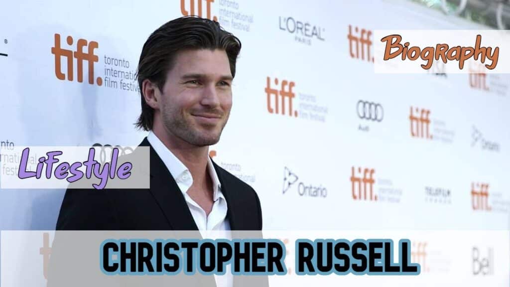 Man posing on the red carpet at a film festival, with logos such as TIFF and L'Oréal Paris in the background. Text overlays: "Lifestyle," "Biography," "Christopher Russell.