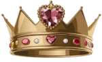 Illustration of a gold crown adorned with a heart-shaped pink gemstone and various smaller red, white, and pink gems.