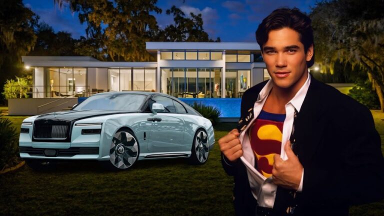 A man poses in front of a modern house at night, revealing a Superman shirt. A luxury car is parked on the lawn nearby.