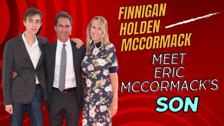 A man in a suit stands with a young man and a woman in a floral dress, against a red background with text about Finnigan Holden McCormack.