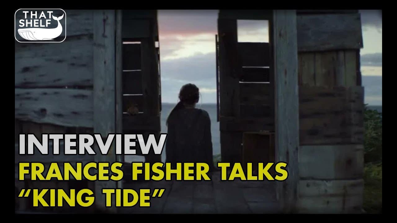 Person sitting in a wooden structure, looking at the ocean view, with overlaid text: "Interview - Frances Fisher Talks 'King Tide.'.