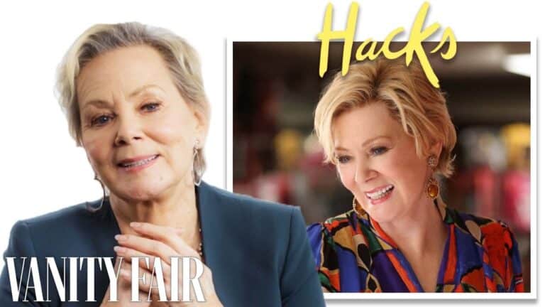 A person is interviewed on Vanity Fair, with a promotional image of the show "Hacks" next to them.