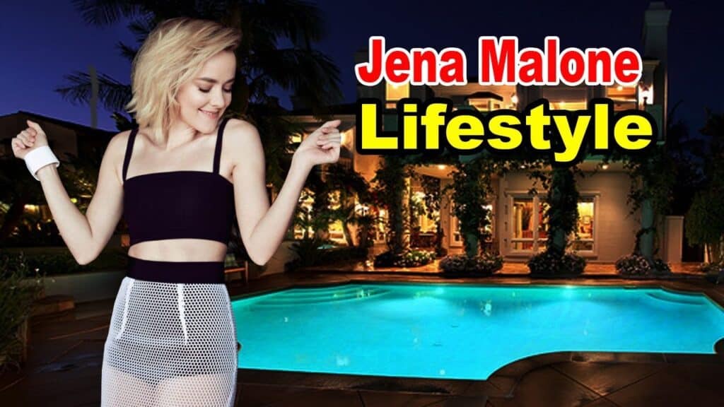 Person in a black top and white skirt stands near a lit outdoor pool with a large house in the background. The text reads "Jena Malone Lifestyle.