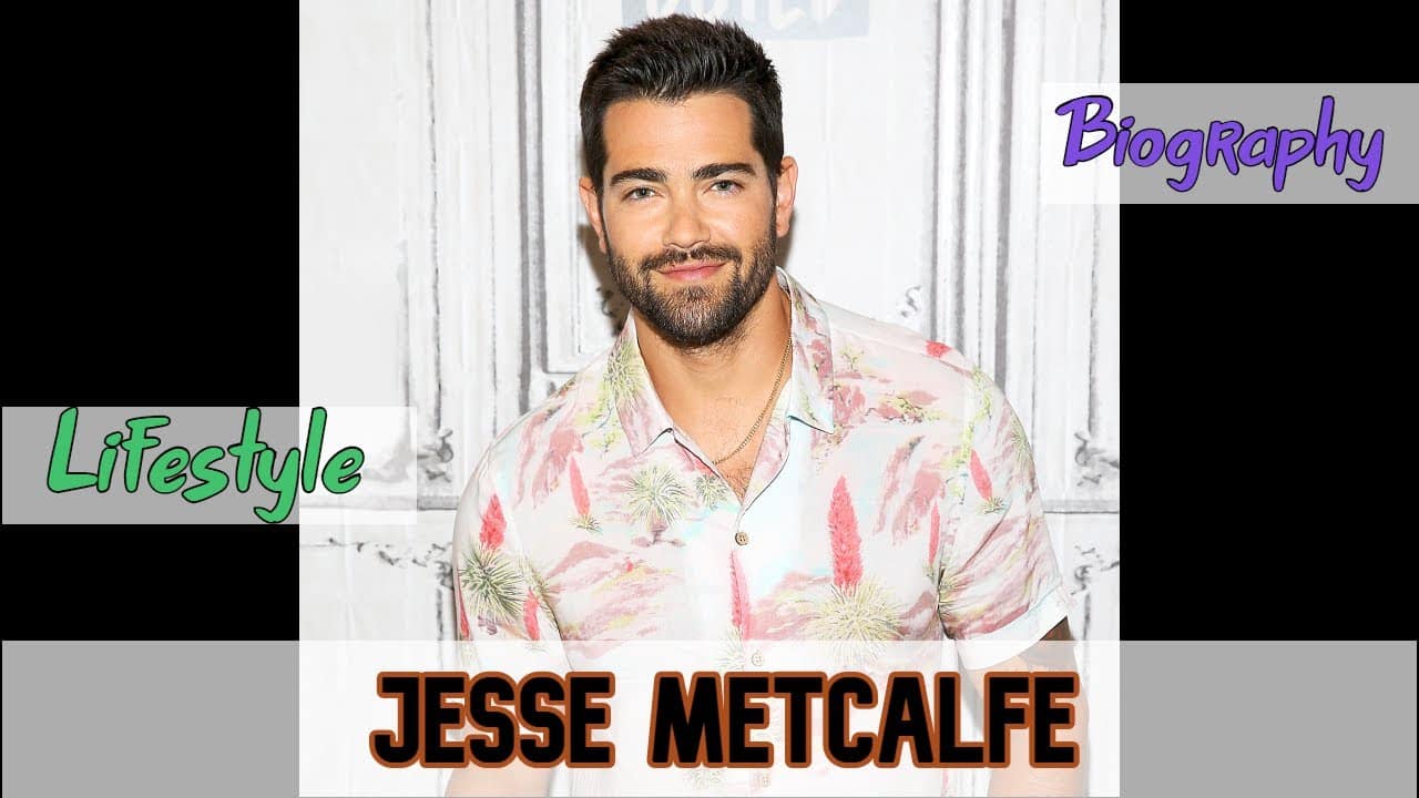 A man with short dark hair and a beard, wearing a pastel floral shirt, stands against a light-colored background. The image has the words "Lifestyle," "Biography," and "Jesse Metcalfe" overlaid.