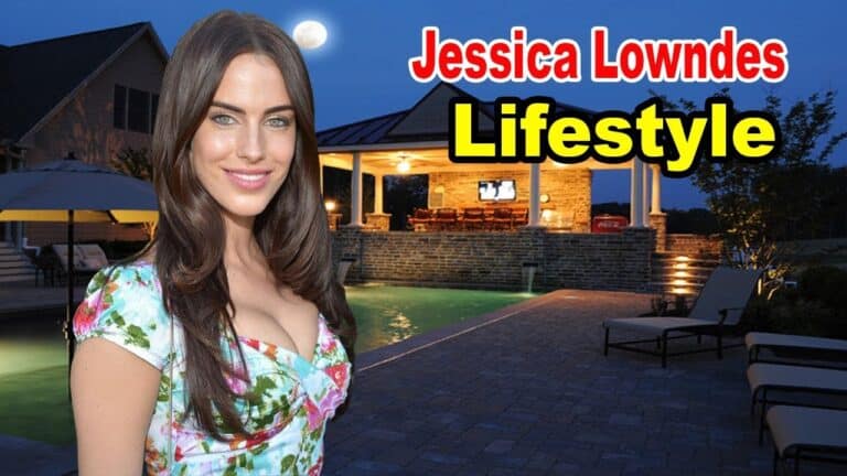 Woman in front of a luxurious poolside setting under a full moon, with text: "Jessica Lowndes Lifestyle.