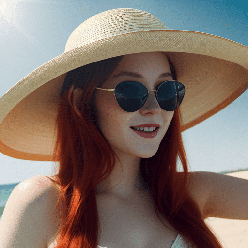 Woman with red hair wearing sunglasses and a wide-brimmed hat, smiling on a sunny beach.