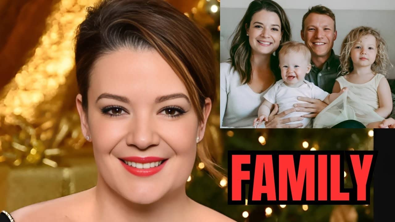 A woman smiling in the foreground; inset shows a family portrait with two adults and two children. The word "FAMILY" is in bold red letters.