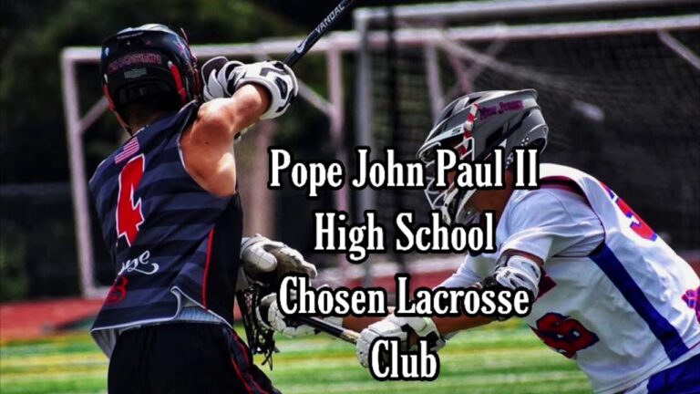 Two lacrosse players in action on a field with text overlay: "Pope John Paul II High School Chosen Lacrosse Club.