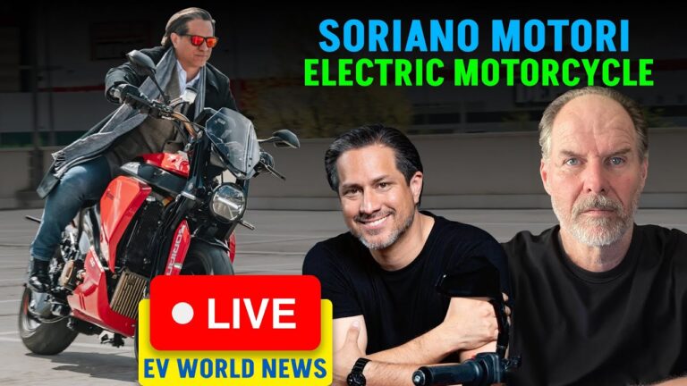 A man rides a red electric motorcycle with two men pictured in the foreground. Text reads, "Soriano Motori Electric Motorcycle" and "Live EV World News.