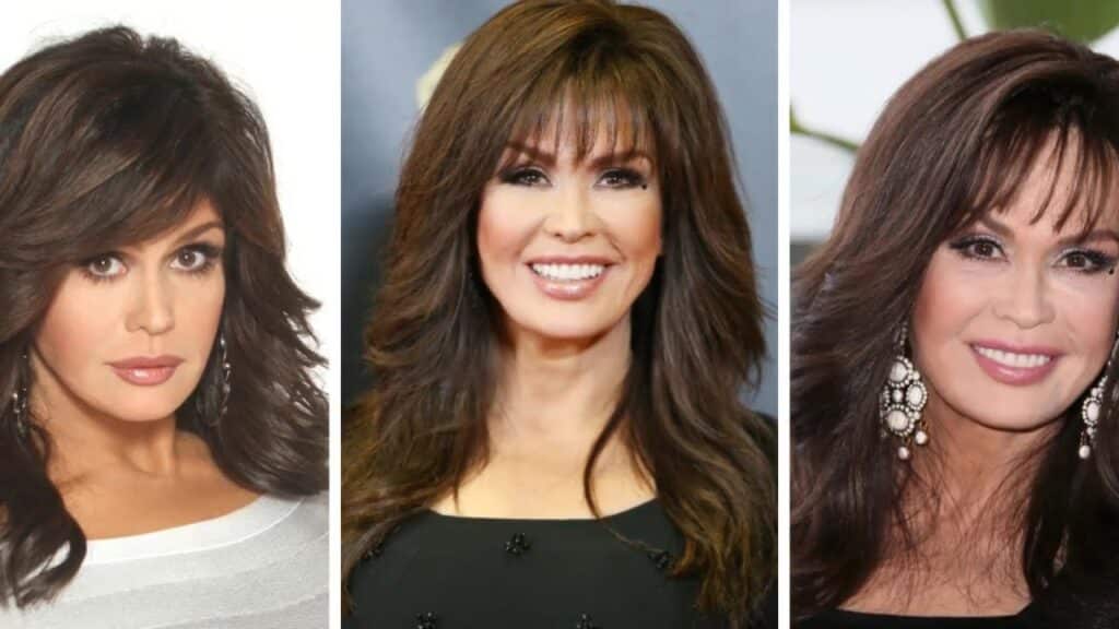 Three images of the same woman with long brown hair and bangs. She is wearing different outfits and jewelry in each photo.