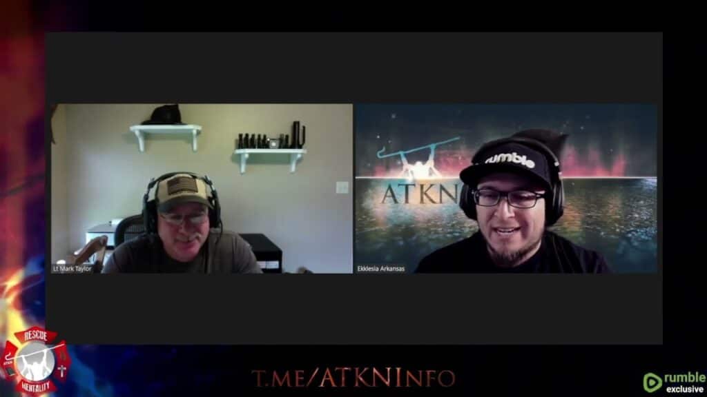 Two men are on a split-screen video call. The left man wears a cap and glasses, and the right man wears a hat and glasses with a "rumble" logo. Text below reads "T.ME/ATKNINFO.