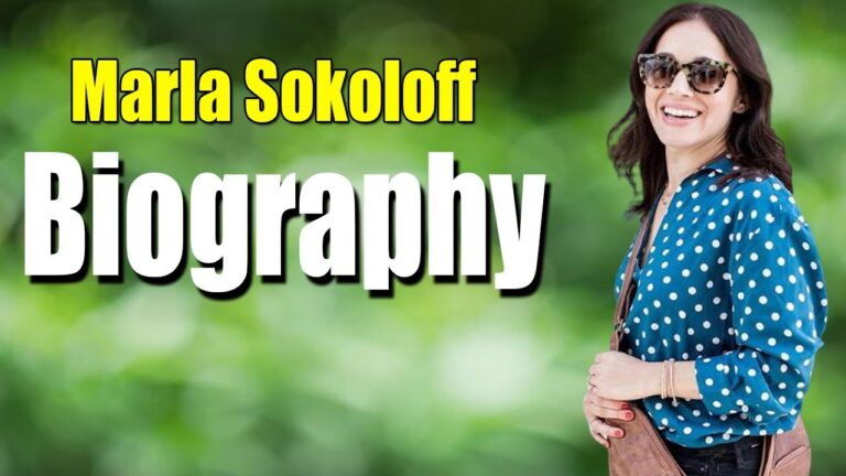 Image of a woman wearing sunglasses and a polka dot shirt, standing with a blurred green background. The text reads "Marla Sokoloff Biography.