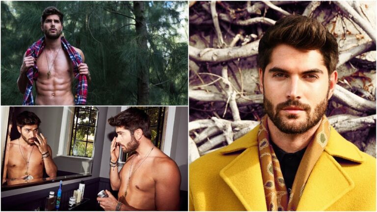 Collage of a man with a beard in various settings: standing outdoors, adjusting his hair in a bathroom, and wearing a yellow coat in front of branches.