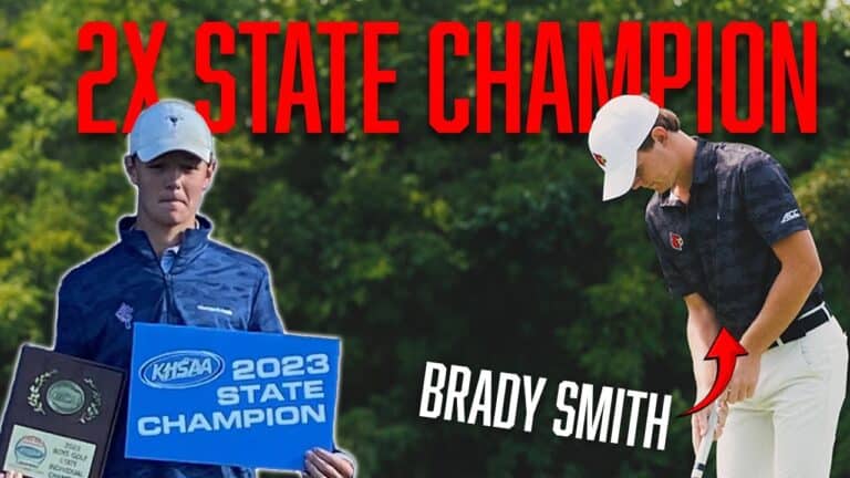 Young golfer Brady Smith holding a trophy and plaque, labeled "2023 State Champion," with text highlighting him as a "2x State Champion.