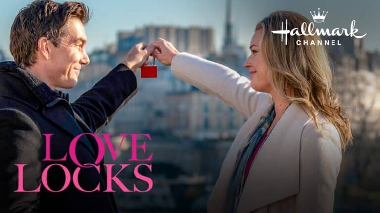 Man and woman smiling while holding a padlock together against a blurred cityscape. "Love Locks" text and "Hallmark Channel" logo are visible.