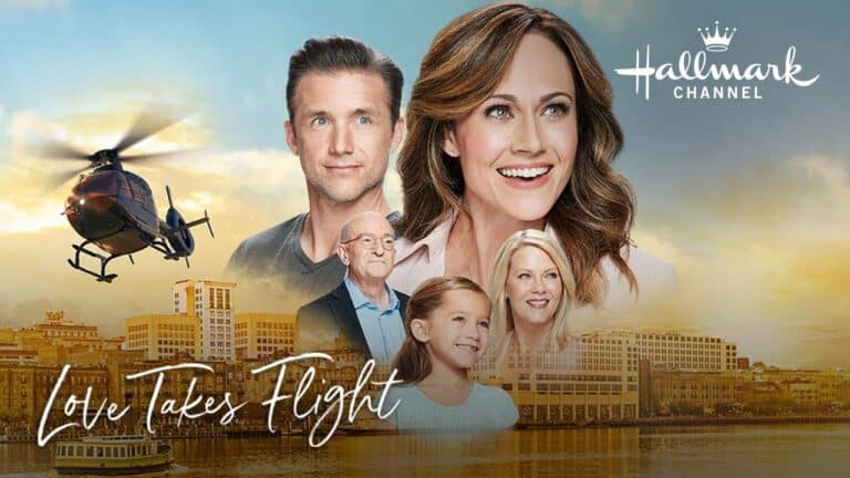 Poster for "Love Takes Flight" on Hallmark Channel, showing a helicopter, city skyline, and five individuals' faces.