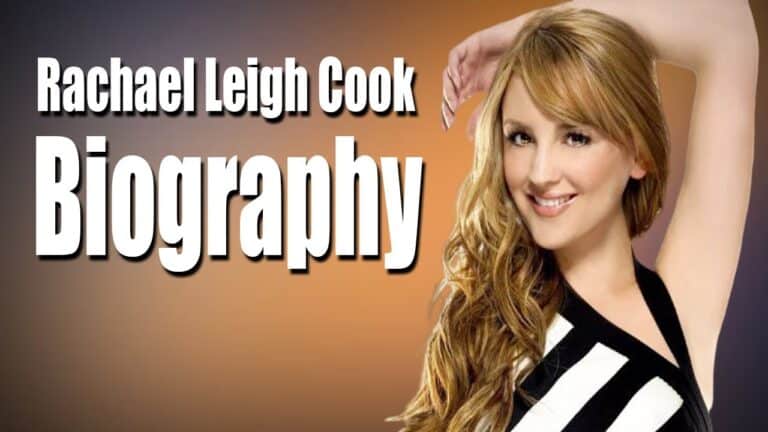 A woman with long, wavy hair poses with one arm raised, set against a gradient background. Text reads, "Rachael Leigh Cook Biography.