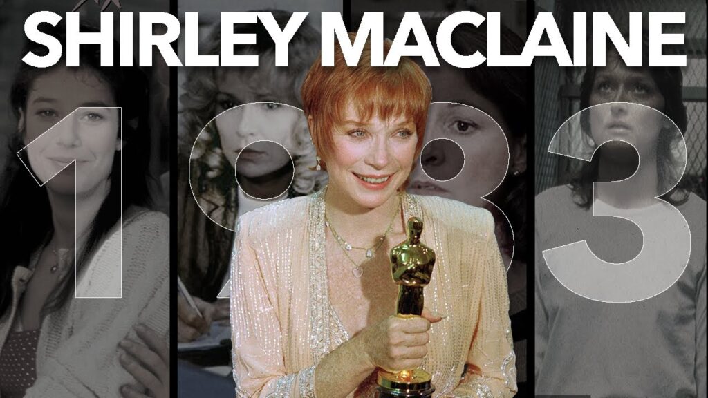 Shirley MacLaine holding an Oscar in front of a background featuring images from her 1983 performances.