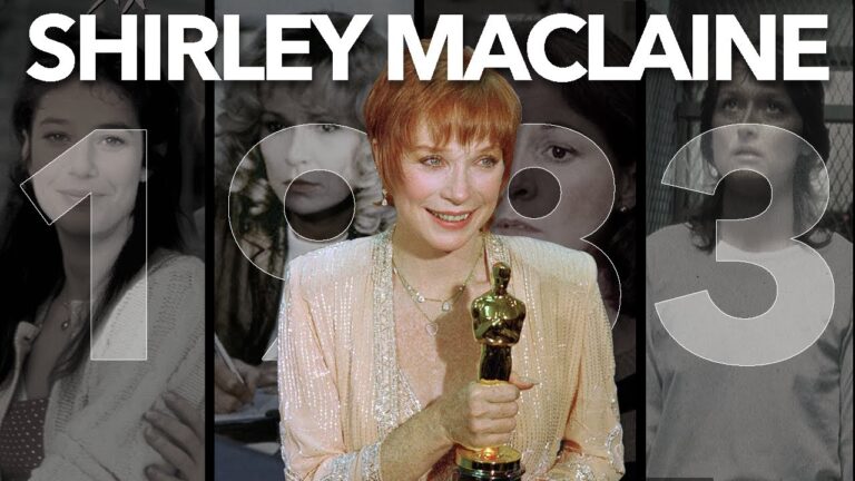 Shirley MacLaine holding an Oscar in front of a background featuring images from her 1983 performances.