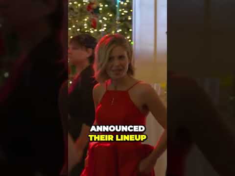 Person in a red dress smiling, standing indoors with a Christmas tree in the background. Text overlay says "Announced Their Lineup.