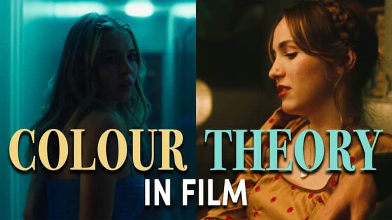 Split image of two women in dimly lit settings, with text overlay: "Colour Theory in Film.