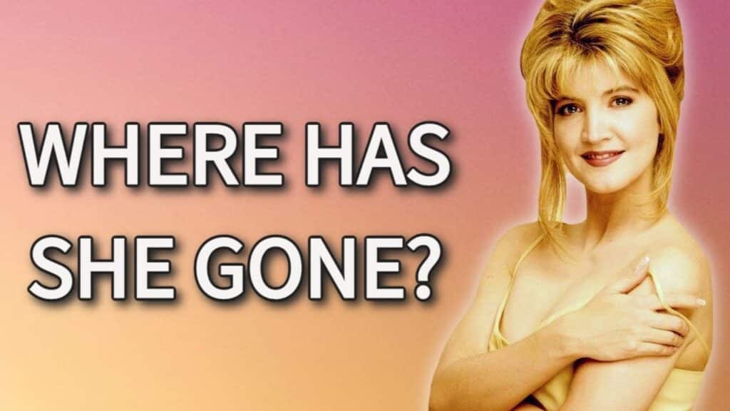 Text "Where Has She Gone?" next to a woman with blonde hair against a pink and orange gradient background.