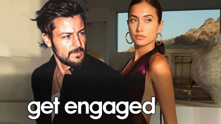 A man and woman with serious expressions stand indoors. The text "get engaged" is overlaid on the image.