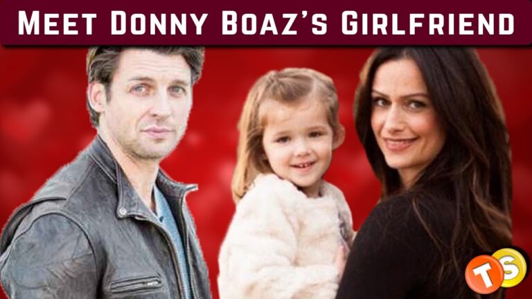 A man and woman stand with a child against a red background. The text reads, "Meet Donny Boaz's Girlfriend.