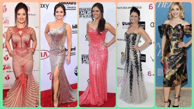 Five women in elegant, colorful gowns pose for photos at different events, each standing in front of distinct backdrop designs and logos.