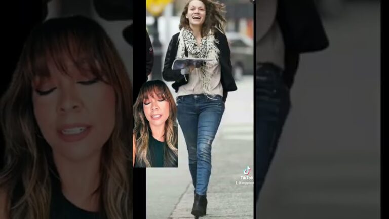 Split image; left shows a woman speaking with eyes closed. Right shows a different woman walking outdoors, smiling, in jeans and a scarf, holding a tray.