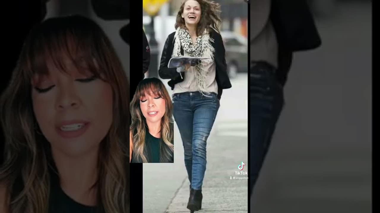 Split image; left shows a woman speaking with eyes closed. Right shows a different woman walking outdoors, smiling, in jeans and a scarf, holding a tray.