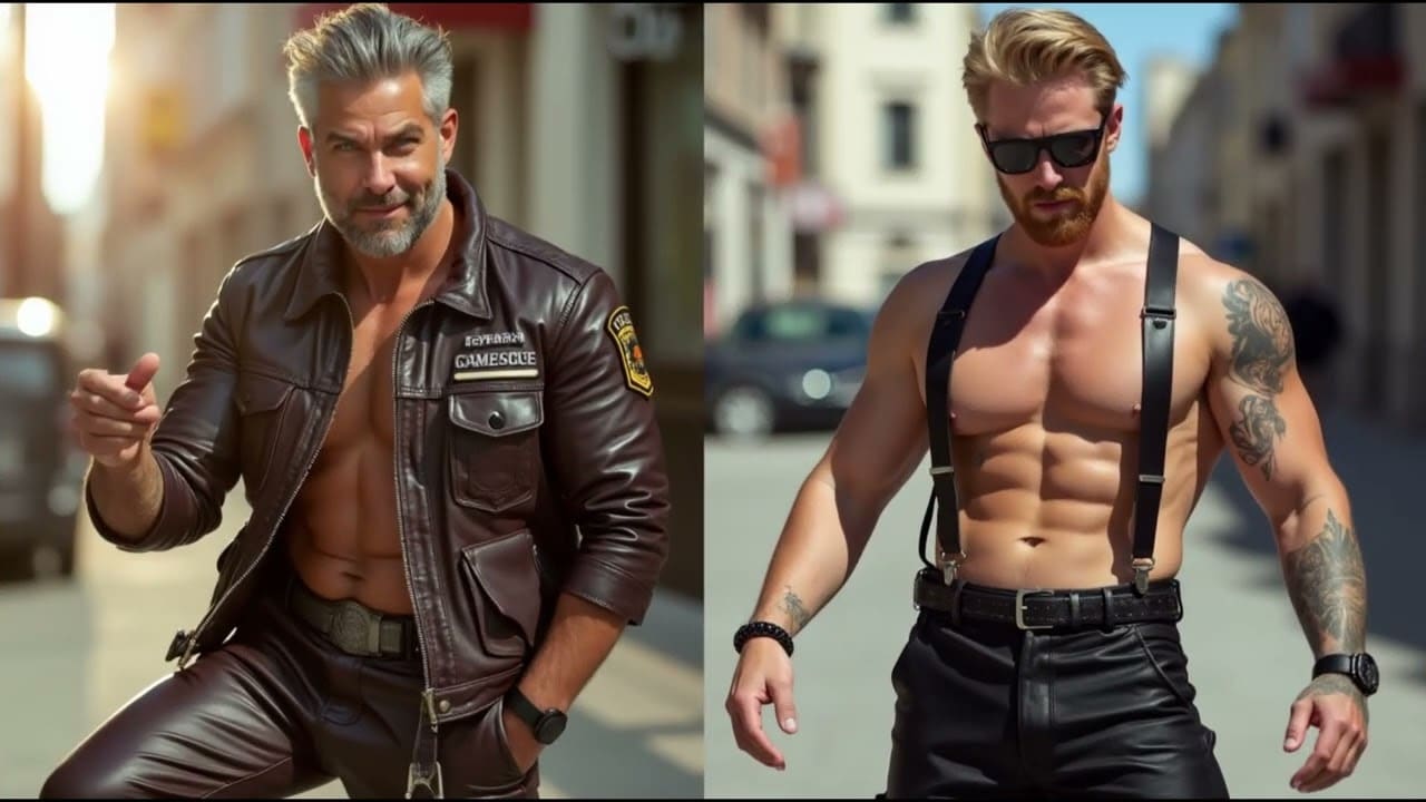 Two men posing outdoors: one wearing a leather jacket and pants, the other in leather pants with suspenders. Both have muscular builds and sunglasses.