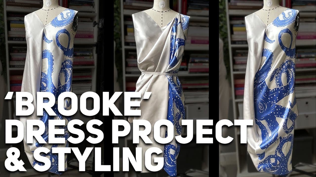 Mannequins displaying silk dresses with blue patterns in a room with bookshelves. Text overlay reads "Brooke Dress Project & Styling.