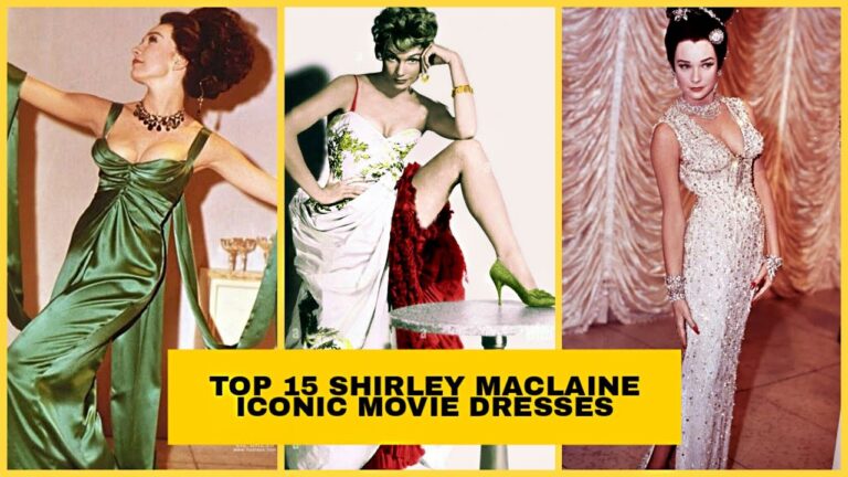 Three images of a woman in different elegant dresses are set against a yellow background with the text "Top 15 Shirley Maclaine Iconic Movie Dresses.